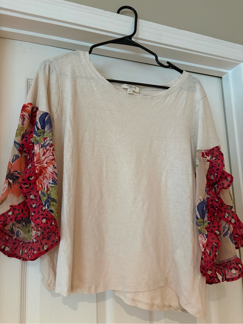 Umgee Cream Top with Floral Ruffle Sleeves